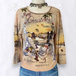 Vintage Early 2000's Nostalgia Christmas Sequin Graphic Print Long Sleeve L